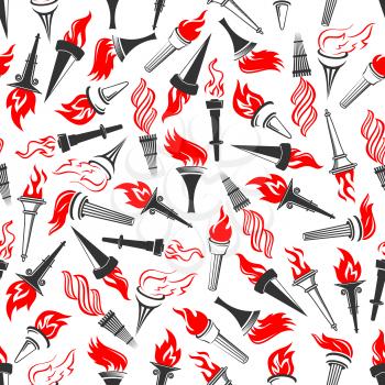 Seamless pattern of ancient greek burning torches with bright red flame swirls, randomly scattered on white background. Sporting competition, achievement or religion themes design