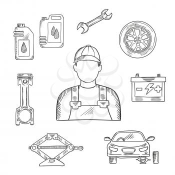Professional auto mechanic sketch icon for car service center or car workshop symbol design usage with wheel and motor oil, spanner and battery, engine piston and car stand on scissor jack
