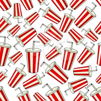 Traditional striped paper cups of sweet soda with drinking straws seamless pattern background with disposable cups of fast food soft drink with red and white stripes. May be use as cafe interior or en