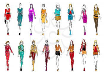 Colorful sketch silhouettes of young women wearing fashionable clothes. Fashion models presenting elegant office dresses and casual attires for everyday style. Shopping theme or fashion industry desig