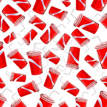 Sweet soda drinks seamless background with cartoon pattern of takeaway red paper cups of fast food soft beverages, decorated by blue and white wavy lines. Great for cafe menu or scrapbook page backdro