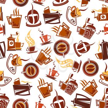 Retro coffee pots and manual grinders with steaming cups decorated by coffee beans seamless pattern in brown and yellow colors on white background. May be use as coffee shop menu backdrop or kitchen i