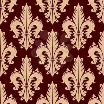 Ornamental heraldic fleur-de-lis seamless pattern with lush compositions of beige curly leaves on maroon background. Vintage wallpaper or upholstery design