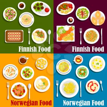 Seafood dishes of finnish and norwegian cuisine icon of salmon and herring served with boiled potatoes, vegetable salads, stews and soups, blood sausages, meat balls and rice porridge with jam, pancak