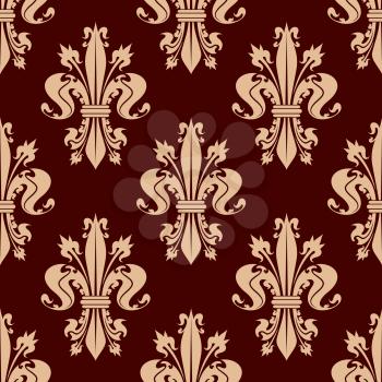 Delicate beige fleur-de-lis floral seamless pattern of french heraldic lilies with ornamental leaves and flower buds on reddish brown background. Use as medieval monarchy theme or interior design