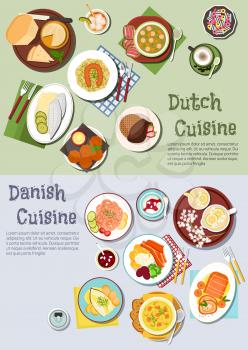 Festive dishes flat icon of dutch and danish cuisines with cheese and baked pork, herring and cod with vegetables, pea soup and potato mash with sausages, shrimp cocktail and chicken soup, bitterballe