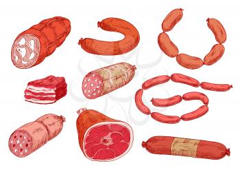 Colored sketches of smoked sausages, sticks of salami, pepperoni and bologna, bacon and ham. Meat delicatessen icons for food packaging, old fashioned recipe book or kitchen interior design