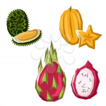 Vivid geometric asian tropical fruits in low poly style. Whole and halves polygonal yellow star fruit, pink dragon fruit and green durian fruits. Great for recipe book and fruity dessert design