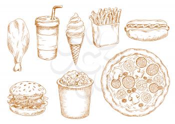 Fresh cooked hamburger and hot dog, pepperoni pizza with vegetables and chicken leg, french fries and popcorn, sweet soda drink and soft serve ice cream cone sketches. Retro stylized fast food menu de