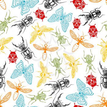 Tribal ornamental insects seamless background with colorful pattern of butterflies and bees, ladybugs and wasps, stag beetles and fireflies, adorned by swirling elements