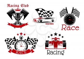 Sporting racing cars, speedometer and stopwatch with racing flags, champion trophy cup with crossed pistons on the background icons for racing club or motorsport competition design adorned by ribbon b