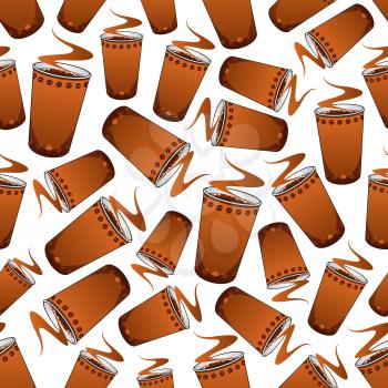 Seamless fast food coffee pattern background of fresh and strong espresso in brown paper cups, adorned by rows of coffee beans. Coffee shop or kitchen interior design usage