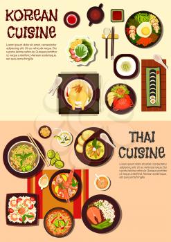 Exotic oriental korean and thai cuisine icon with sushi, spicy crab and salmon steak, fried noodles and rice dishes, shrimp and chicken soups, green curry and papaya salad, ice dessert with fruits and