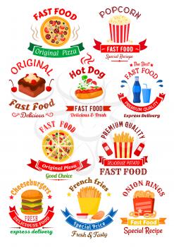 Original italian pizza, hot dog and double cheeseburger, takeaway boxes of french fries, popcorn and onion rings, chocolate cake with cream and sweet soft beverages symbols for fast food cafe or pizze