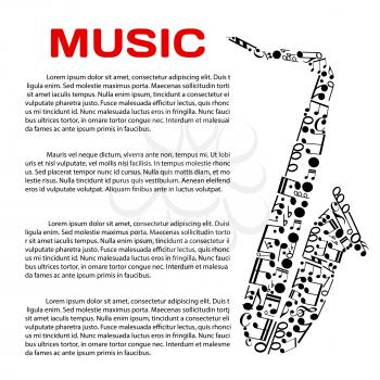 Music event poster design template. Jazz festival, music award or party banner with saxophone symbol created of musical notes and symbols of music notation, header Music and text layout in the center