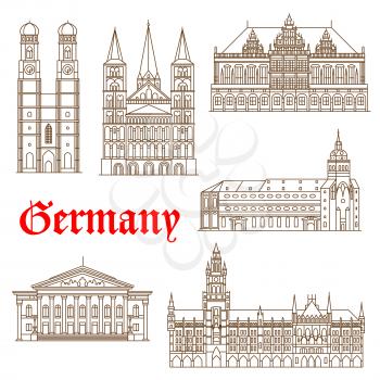 Famous german architectural travel landmarks thin line symbol with tourist attractions of Munich such as National Theatre and New Town Hall, St. Peter Church and Frauenkirche Cathedral also Bonn Cathe