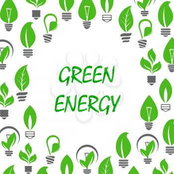 Ecological and saving energy concept design with text Green Energy surrounded by green symbols of light bulbs with green leaves and young sprouts of trees and plants instead glass envelopes.