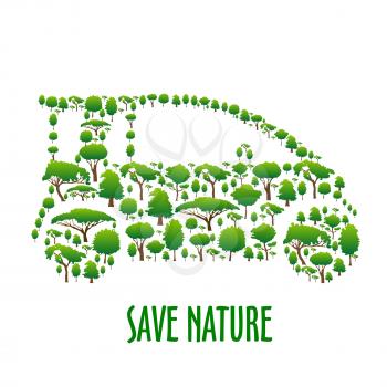 Green trees icons creating a silhouette of modern eco friendly car. Green vehicle theme, save nature concept or t-shirt print design