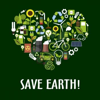 Heart symbol made up of flat eco icons such as green energy, bio fuel and electric cars, recycling and save energy light bulbs with green leaves, trees and flowers, solar panels, wind turbine and bicy