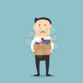 Disappointed jobless cartoon businessman is carrying a cardboard box with personal belongings, leaving office after being fired. Use as unemployment, financial crisis and depression theme design