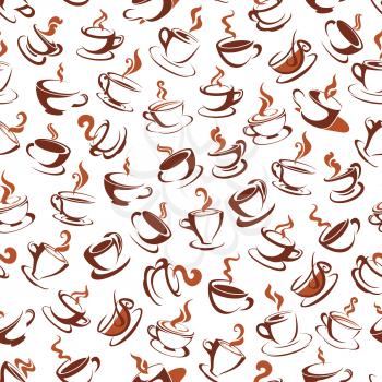 Steaming hot cups of fragrant coffee or tea with vapor isolated on white seamless pattern. Can be used in cafe or restaurant, kitchen theme.
