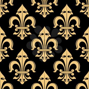 Tracery of tan cream fleur-de-lis ornamental elements seamless pattern isolated on black. For royal heraldic themes or textile, interior or design.