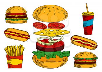 Cheeseburger sketch symbol with fresh tomato and onion vegetables, cheese and beef patty, surrounded by double cheeseburger, hot dog, takeaway paper cup of coffee and box of french fries
