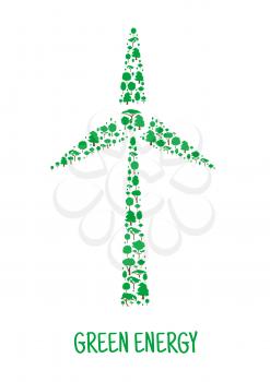 Sustainable energy and green power concept icon for ecological theme or wind power farm symbol design with wind turbine silhouette made up of green trees and plants.