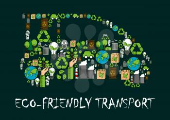 Car symbol formed of globe, recycling sign, electric car and light bulb with green leaves, radioactive waste, trees and plants, industrial plant and gas mask icons. Eco friendly transport concept