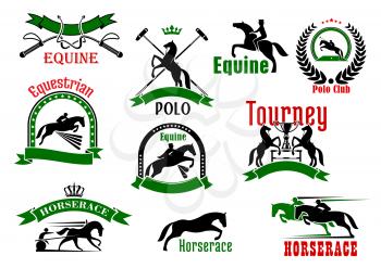 Black silhouettes of horses with riders, cart and polo player, whips, trophy and mallets, bordered by ribbon banners, wreath, starry arches and crowns sporting icons for equestrian tourney, derby, pol