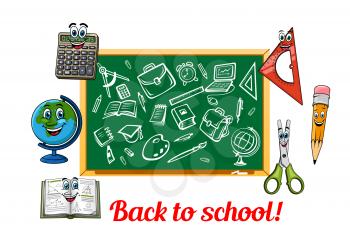 Book, pencil and globe, calculator, scissors and triangle ruller characters, placed on both sides of blackboard with chalk illustration of school supplies. Childish stationery characters for back to s
