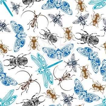 Seamless pattern of bugs and flying insects, adorned by ethnic tribal ornaments. Seamless background of moths, flies and dragonflies, stag beetles, stink bugs and click beetles