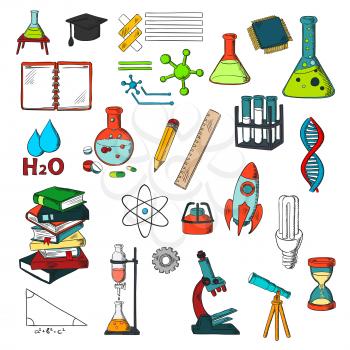 Education and sciense sketches with pile of books, pencil, ruler, laboratory flasks and tubes with gas burners, notebook, microscope, telescope, light bulb, rocket, models of atom, dna and molecules