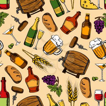 Alcohol drinks and cocktails with light snacks seamless pattern with wine, beer, champagne and whisky served with cheese, grapes, olives and rye bread. Bar and cafe design