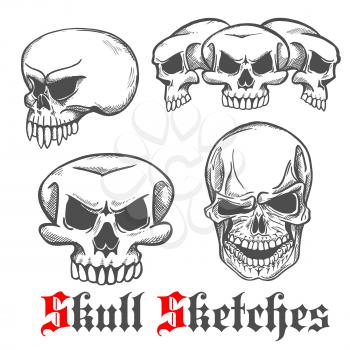 Sketches of human skulls with spooky laughing grins and monster cranium with long sharp fangs. Jewelry, tattoo or Halloween party decoration design
