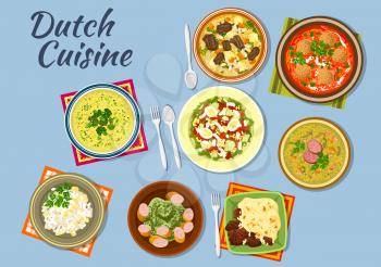 Dishes of dutch cuisine with salmon and egg salad, tomato soup with bitterballens, pea soup snert, stamppot potato with sausage, bean soup, diced beef with vegetables, green soup with herbs and meat s