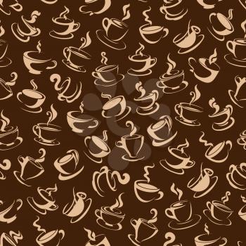 Coffee drinks pattern in shades of brown color with seamless background of sketched coffee cup and mug. Use as coffee shop or cafe interior design