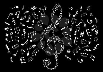 Musical notes black and white background with silhouette of treble clef made up of symbols and marks of musical notation with notes, chords, bass and treble clefs, rests, key signatures, coda and dyna