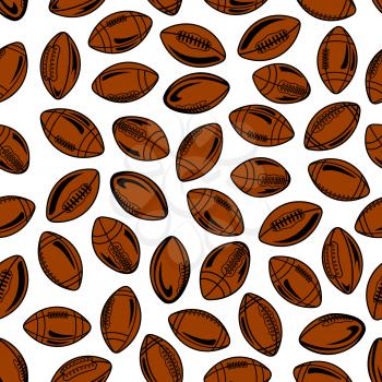 Retro seamless american football and rugby pattern of brown sporting balls with traditional lacing, randomly scattered over white background. Sport competition theme design