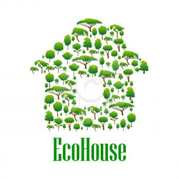 Eco house conceptual icon for ecology and environmental protection design with green trees and plants symbols arranged into silhouette of the house