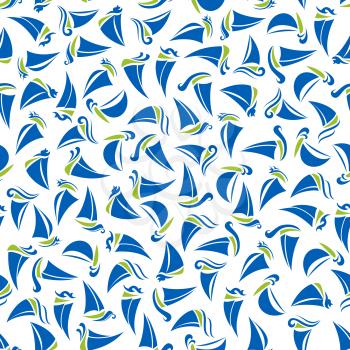 Sailing ships seamless background with pattern of blue and green sporting boats and yachts with sea waves. Marine travel, sailing sport or regatta themes design