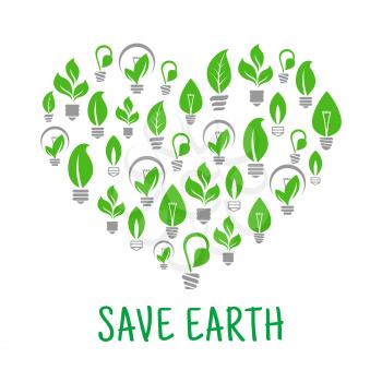 Save Earth poster. Energy saving green leaf and lamp bulb symbols. Vector eco energy icon in heart shape. Environmental nature protection and smart electricity concept