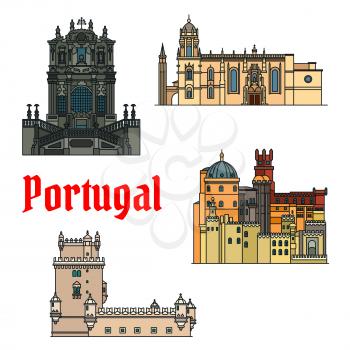 Historic sightseeings and buildings of Portugal. Vector detailed icons of Jeronimos Monastery, Hieronymites Monastery, Belem Tower, Clerigos Church, Pena Palace. Portuguese symbols for souvenirs, post