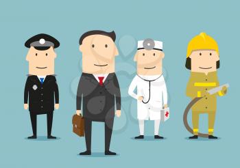 Professional occupation human characters. Policeman, doctor, fireman, lawyer in uniform. People professions vector icons