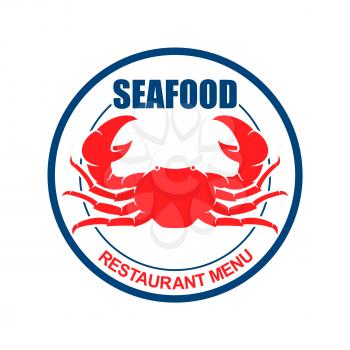 Atlantic red crab on dinner plate with text Seafood and Restaurant Menu. Retro stylized symbol for restaurant or bar menu design