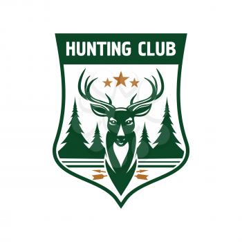 Retro badge for hunting club design. Dark green medieval shield with head of a deer crowned by stars and silhouettes of fir trees on the horizon