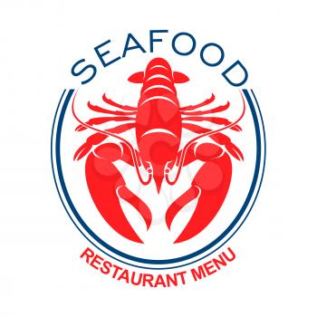 Giant red lobster symbol in double blue oval frame for design of seafood restaurant menu and lobster bib print
