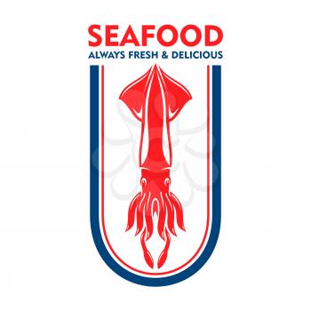 Grill bar and seafood restaurant retro emblem design template with ocean european squid silhouette framed by blue and red double line