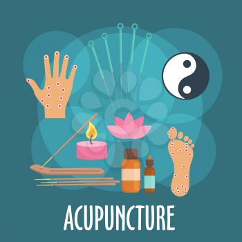 Alternative medicine icon with flat symbols of acupuncture needles, foot and palm with acupoints, incense sticks in holder, candle and essential oil bottles, yin and yang sign, pink flower of sacred l