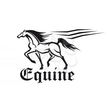 Equestrian sporting competition symbol of running racehorse with flowing lines of motion trail and caption Equine in gothic roman style. Use as horse racing or eventing theme design